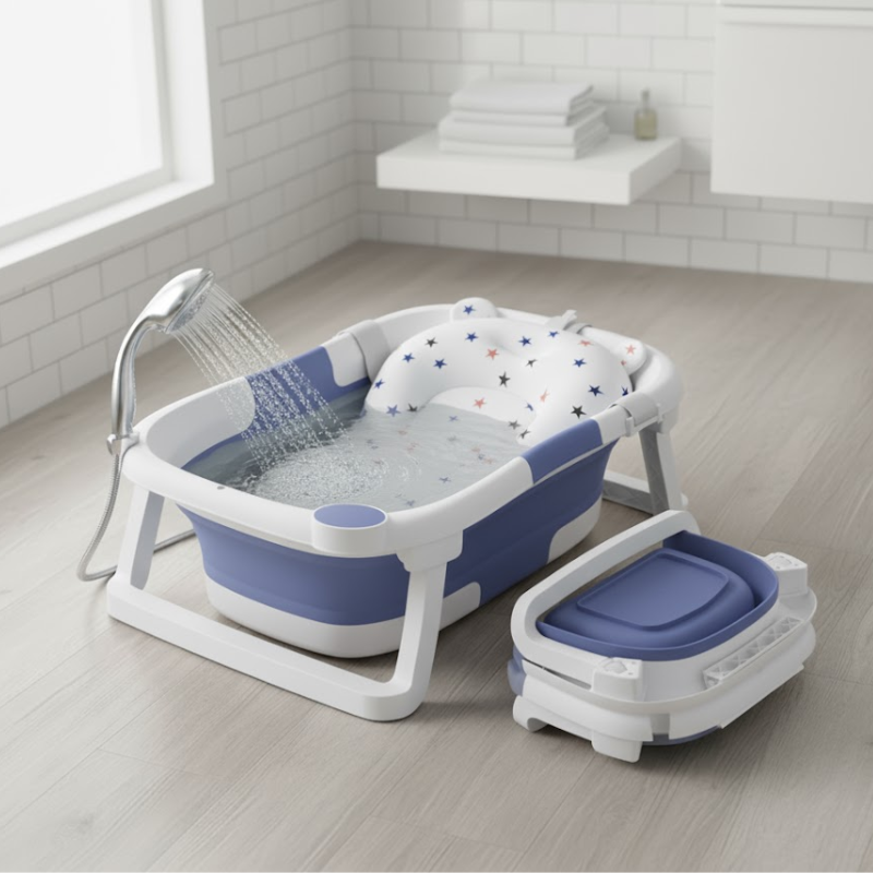 Vasca da bagno pieghevole per bambini con soffione doccia blu